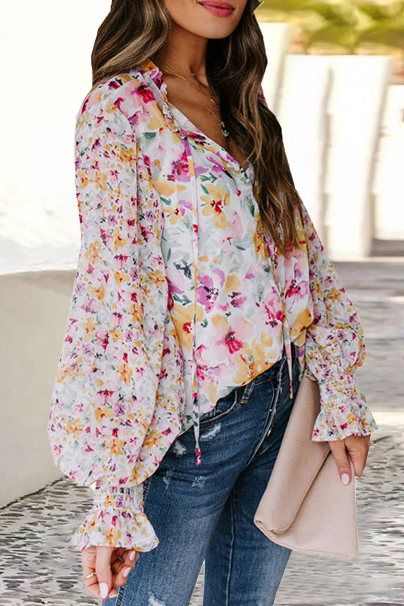 Sweet Elegant Floral Frenulum Buckle Mandarin Collar Tops