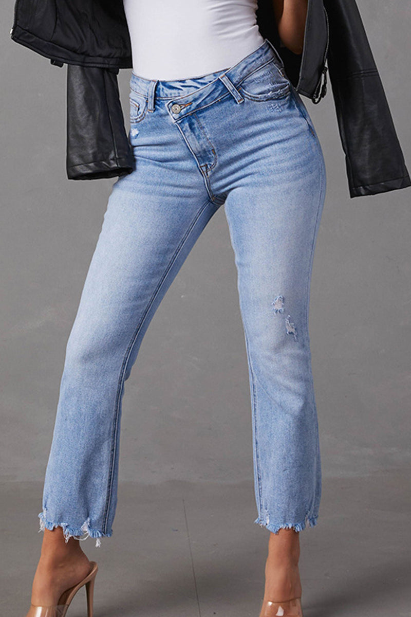 Casual Street Solid Make Old Pocket Asymmetrical High Waist Skinny Denim Jeans