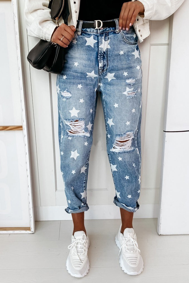 Casual The stars Ripped Without Belt High Waist Loose Denim Jeans