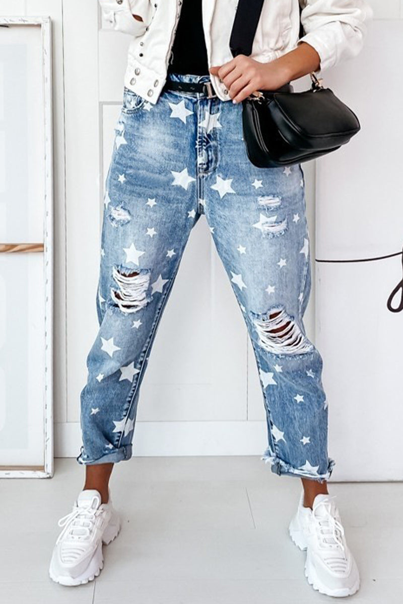 Casual The stars Ripped Without Belt High Waist Loose Denim Jeans