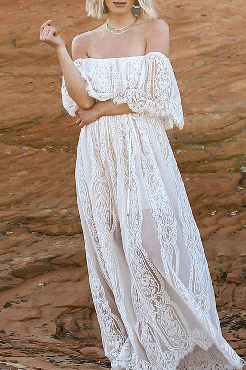 Elegant Solid Lace See-through Off the Shoulder A Line Dresses