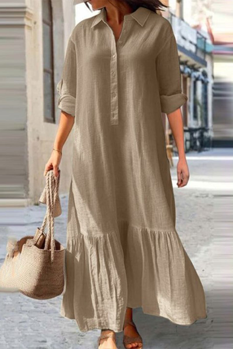 Casual Vintage Solid Buttons Flounce Turndown Collar Shirt Dress Dresses