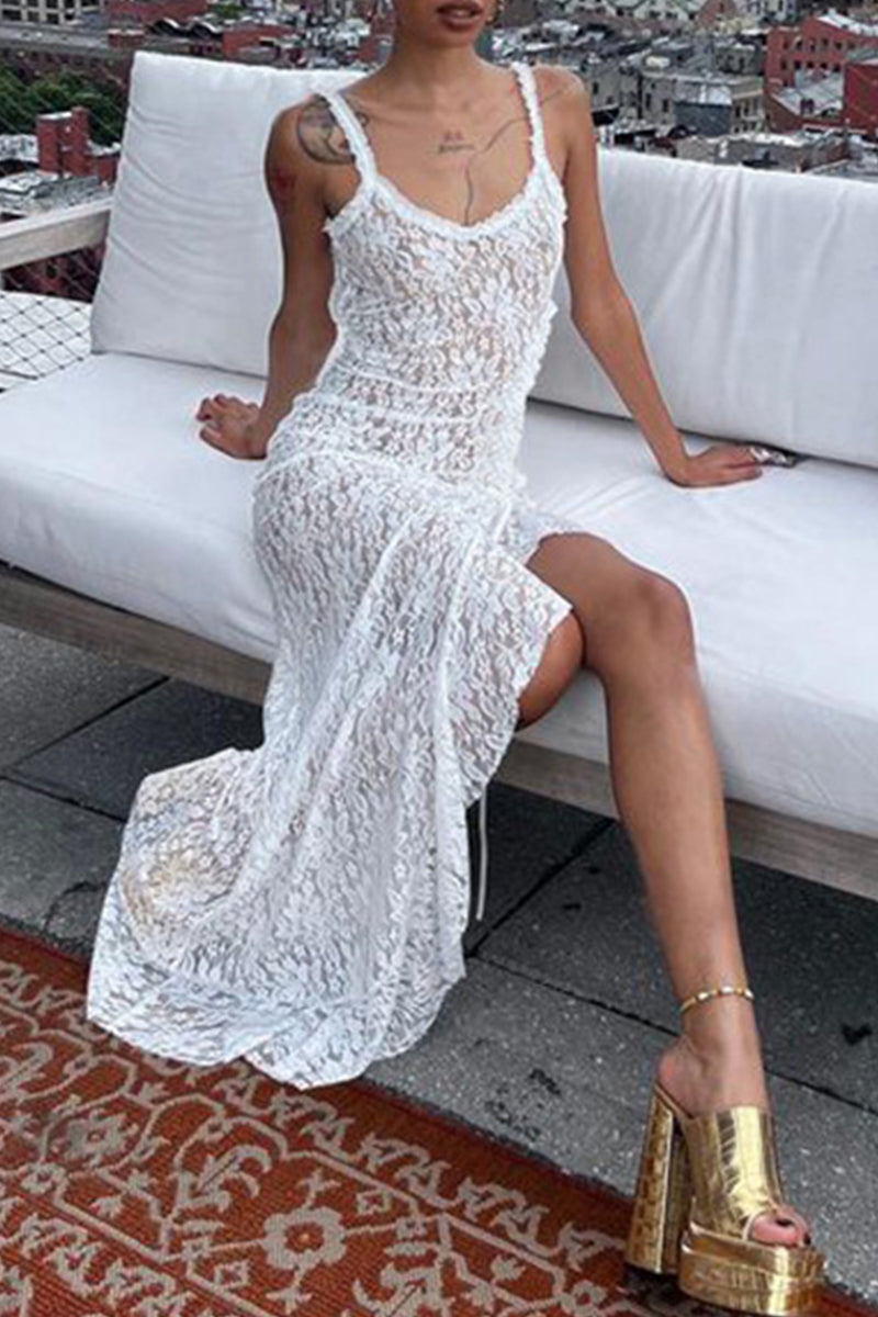 Sexy Solid See-through Backless Slit V Neck Sling Dress Dresses