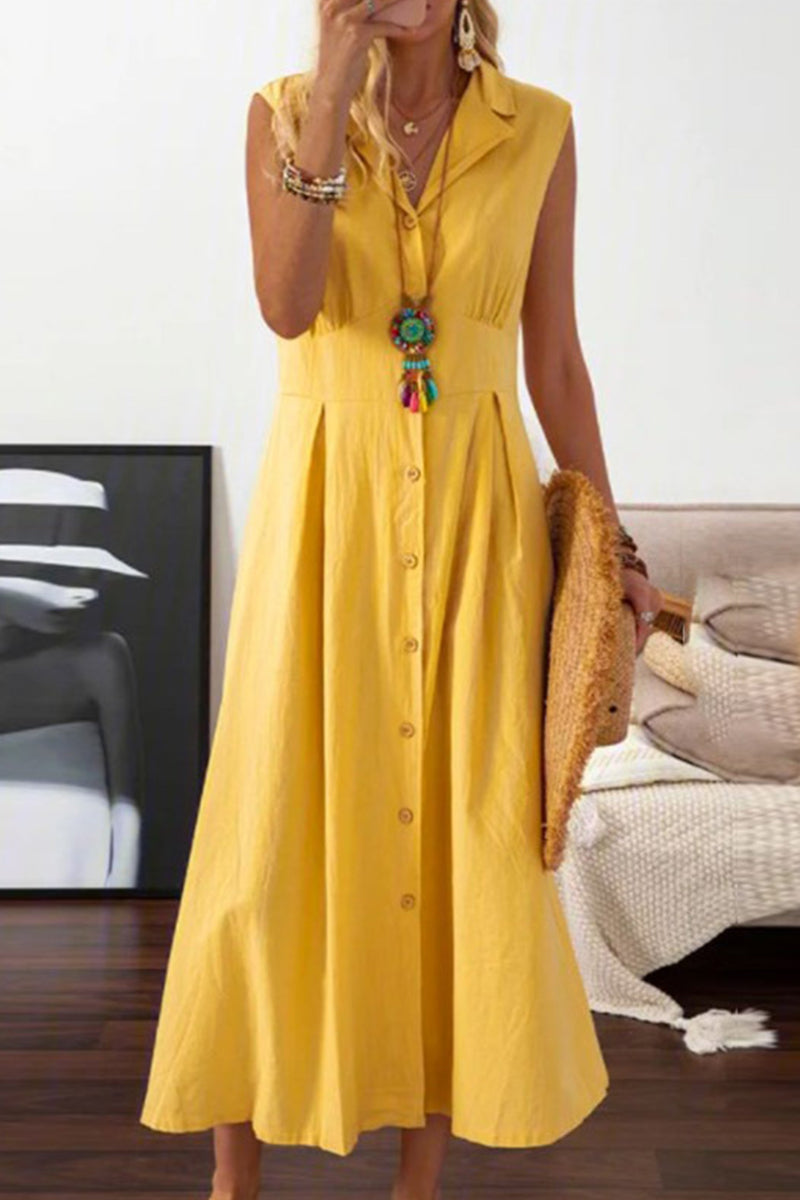 Casual Solid Buckle Turndown Collar Waist Skirt Dresses