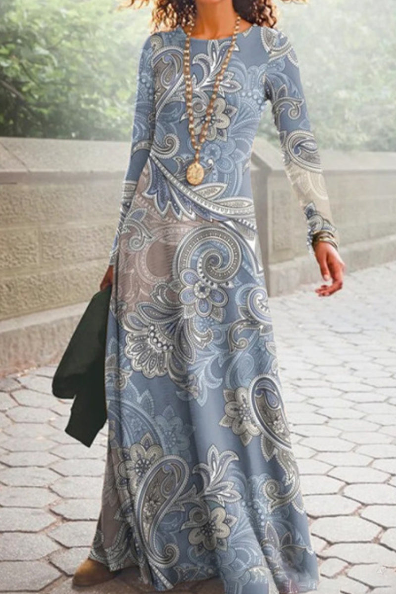 Casual Vintage Print O Neck Printed Dresses