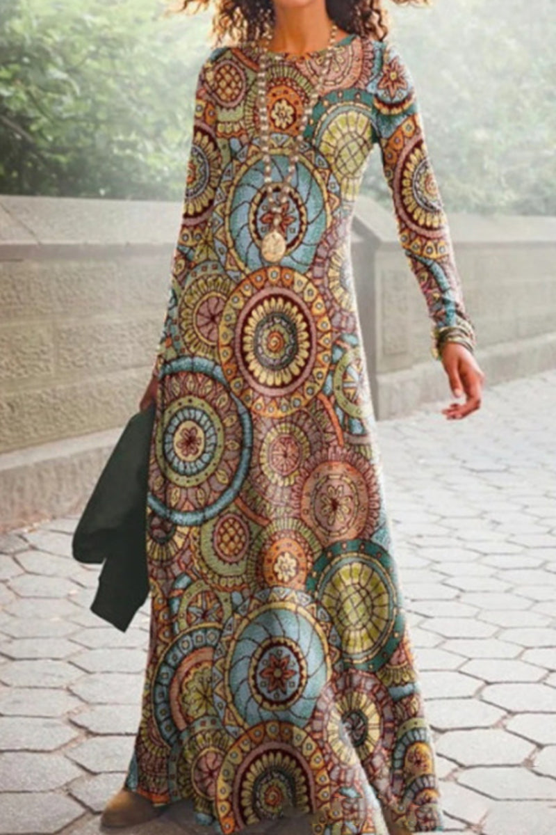 Casual Vintage Print O Neck Printed Dresses