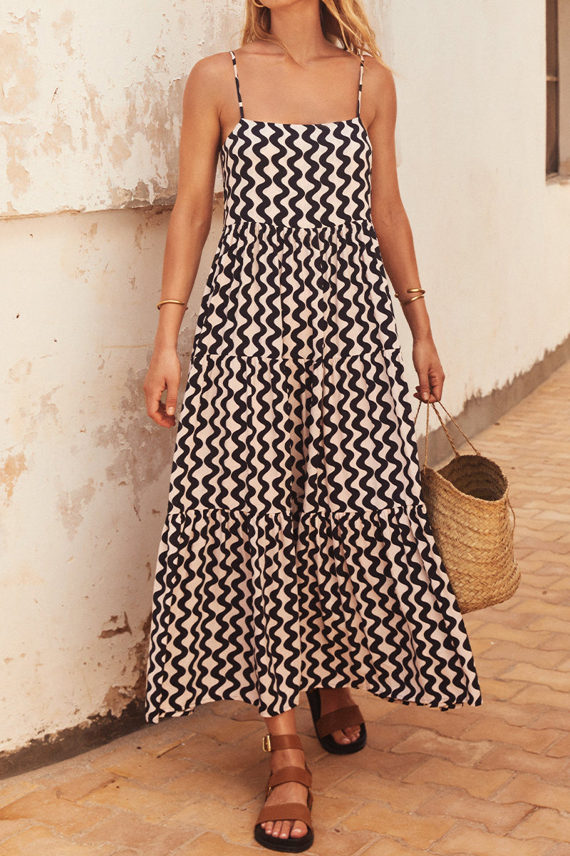 Casual Geometric Print Flounce Square Collar Sling Dresses