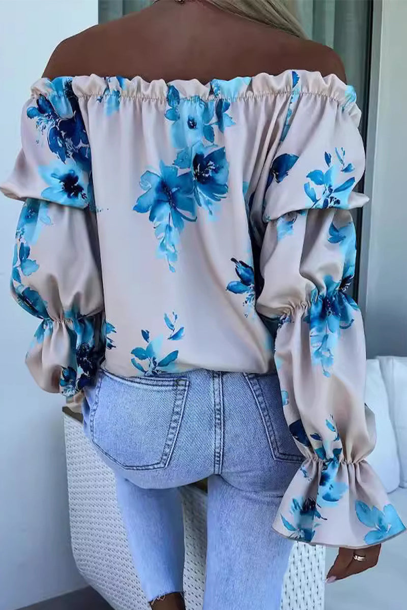 Sexy Print Flowers Fold Contrast Off the Shoulder Tops