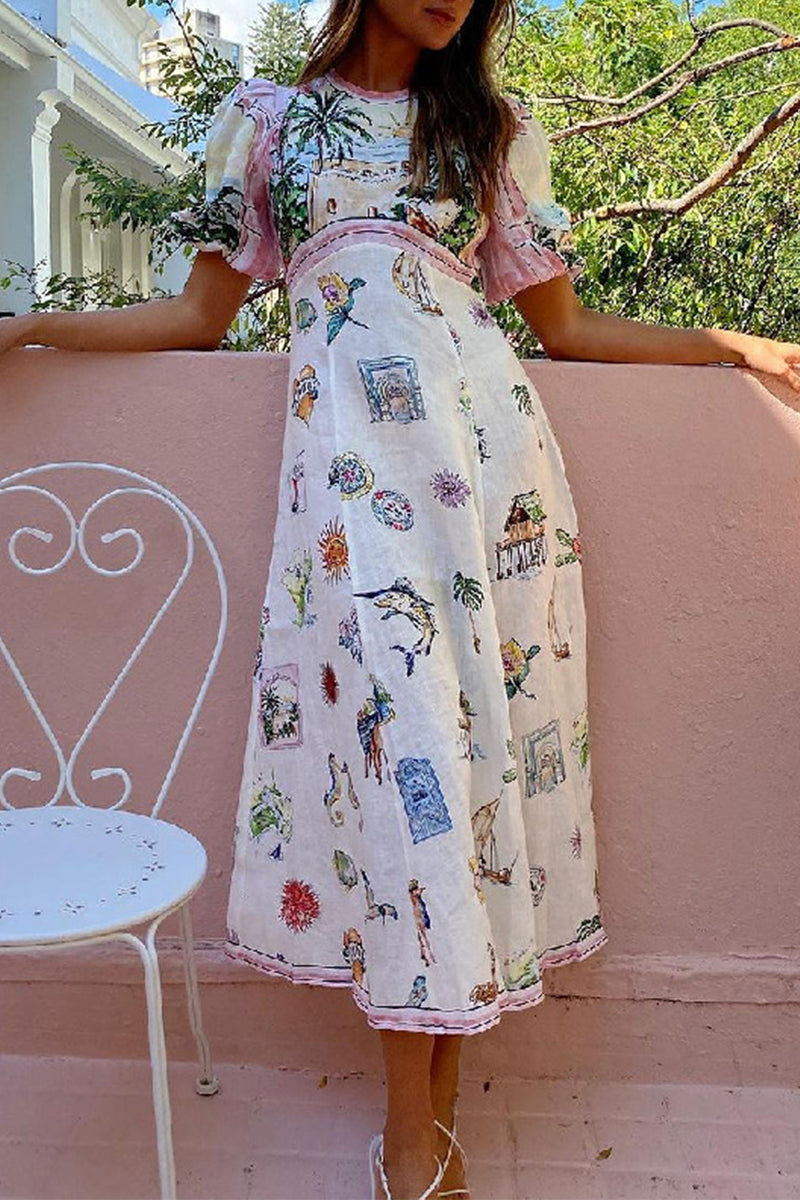 Casual Vintage Cartoon Print Patchwork O Neck A Line Dresses