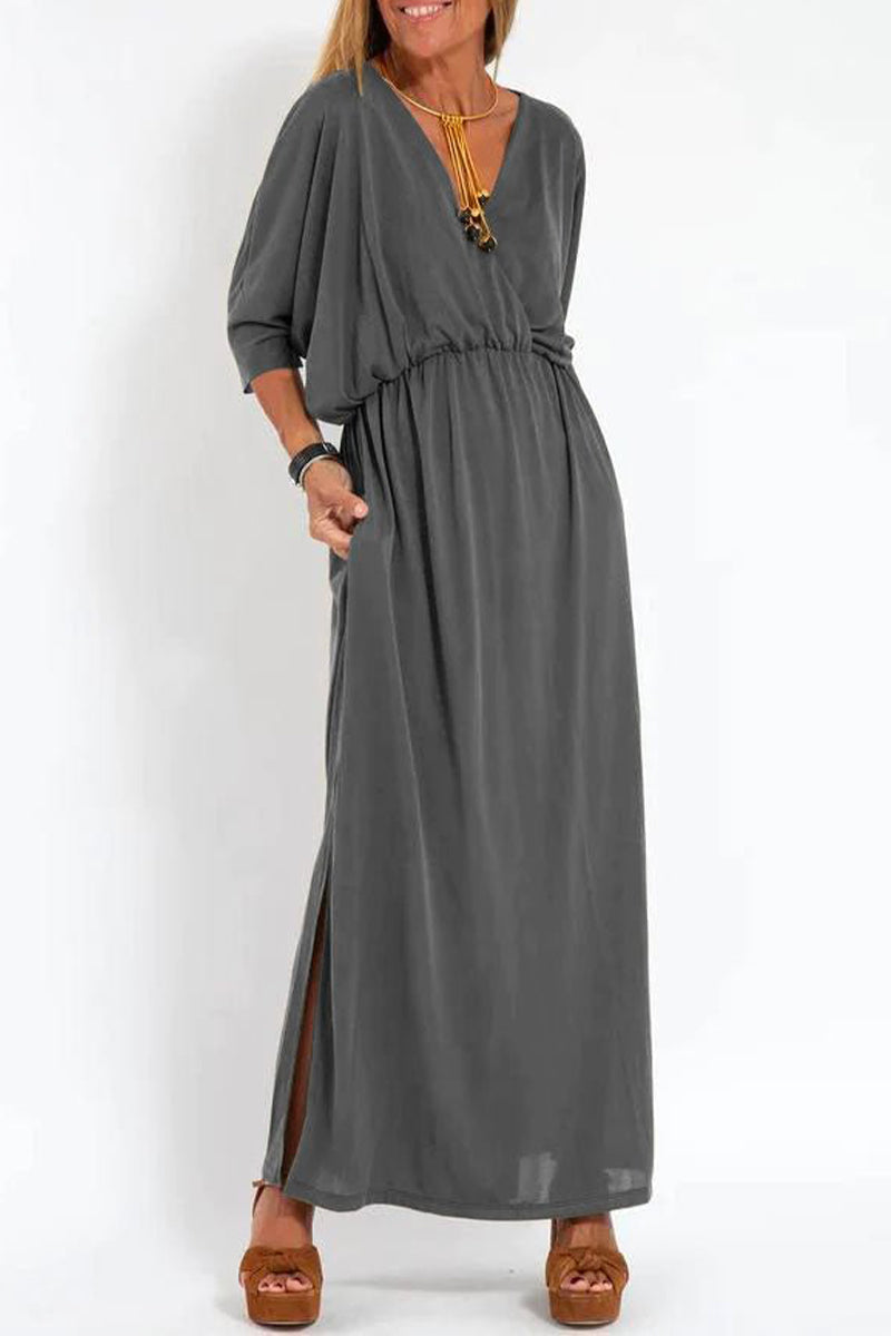 Casual Simplicity Solid Pocket Slit V Neck A Line Dresses