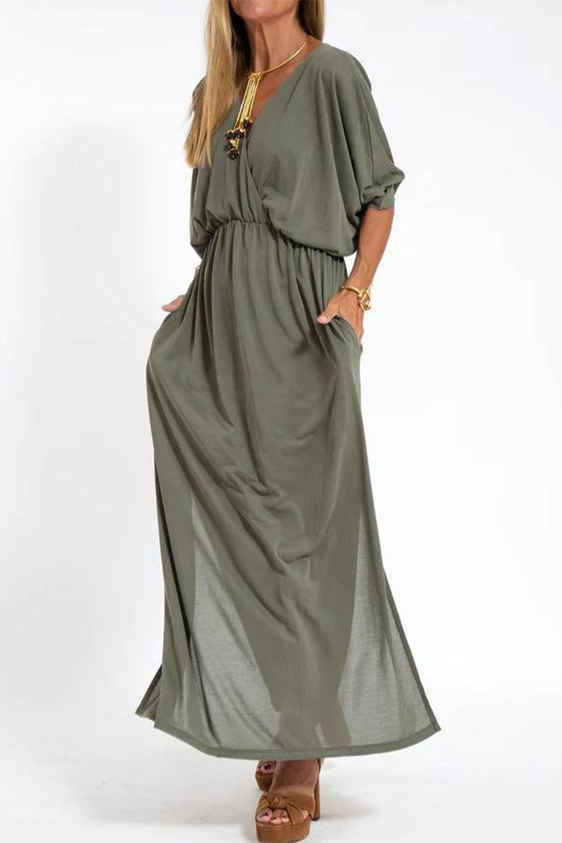 Casual Simplicity Solid Pocket Slit V Neck A Line Dresses