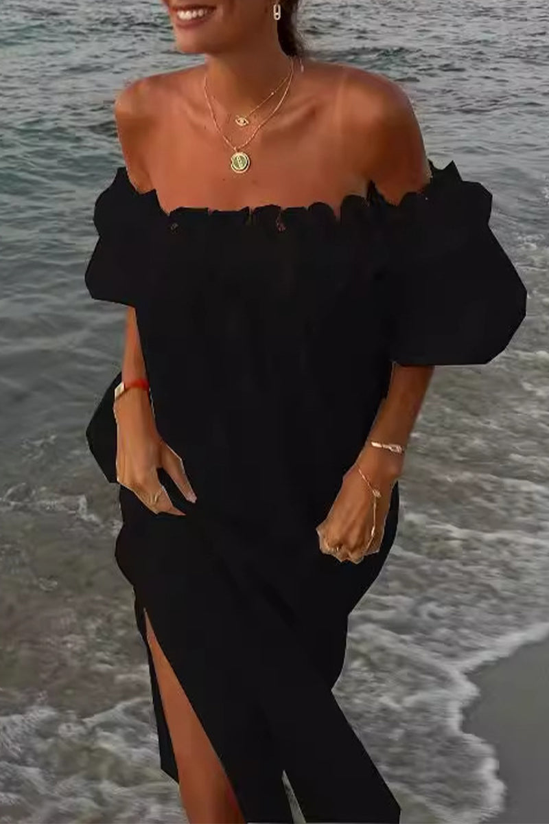 Sexy Solid Slit Fold Off the Shoulder Beach Dresses