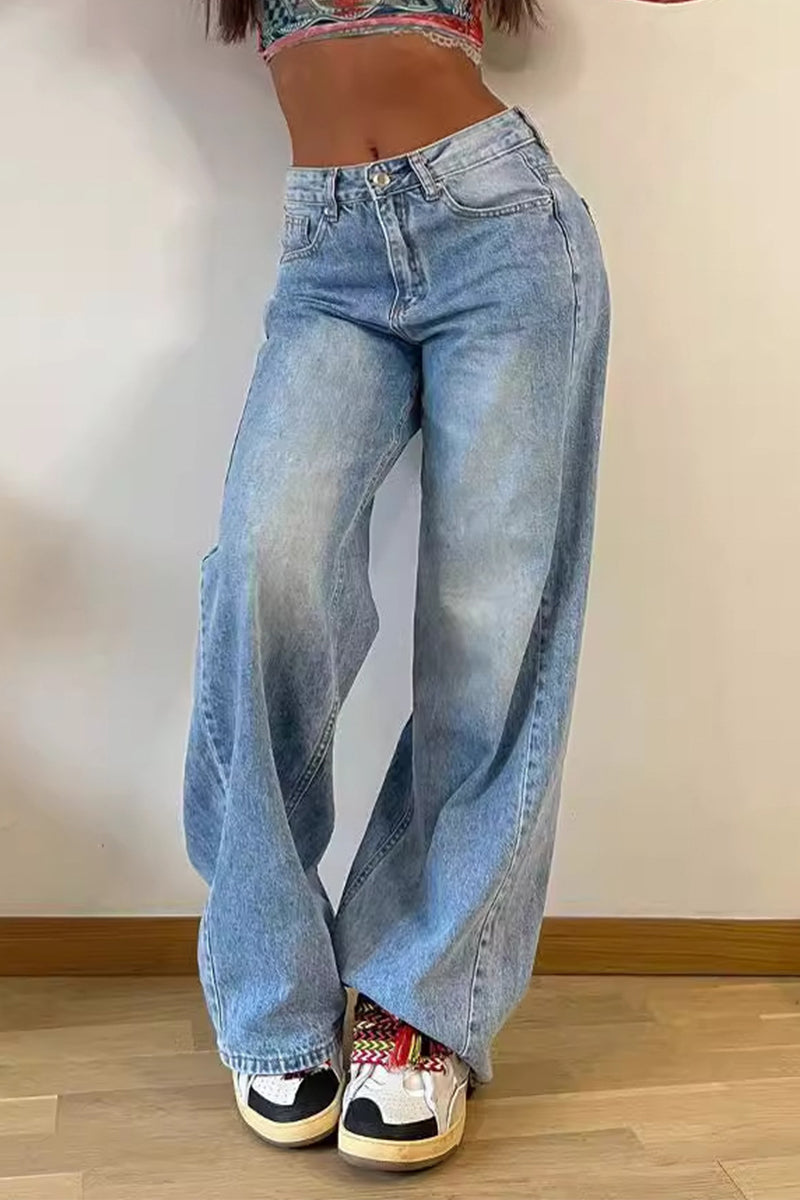 Casual Street Solid Make Old Pocket High Waist Loose Denim Jeans