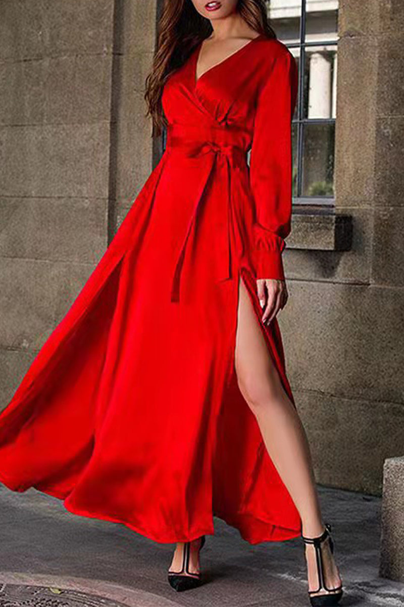 Celebrities Formal Solid Frenulum Slit V Neck Evening Dresses