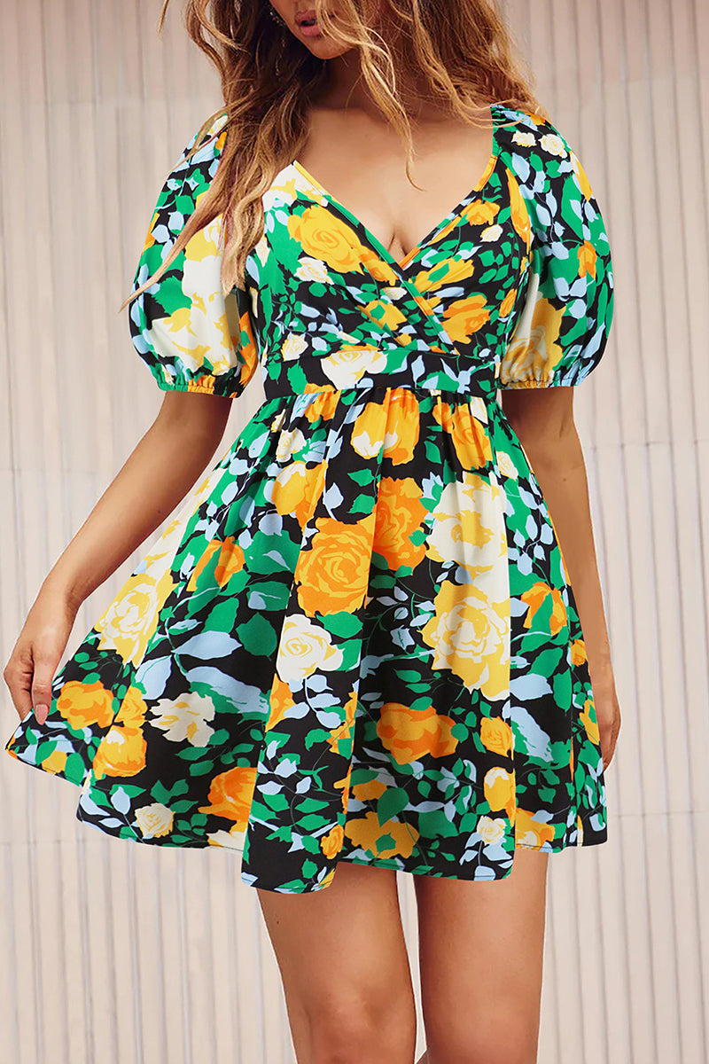 Sexy Vacation Floral Frenulum Contrast V Neck A Line Dresses