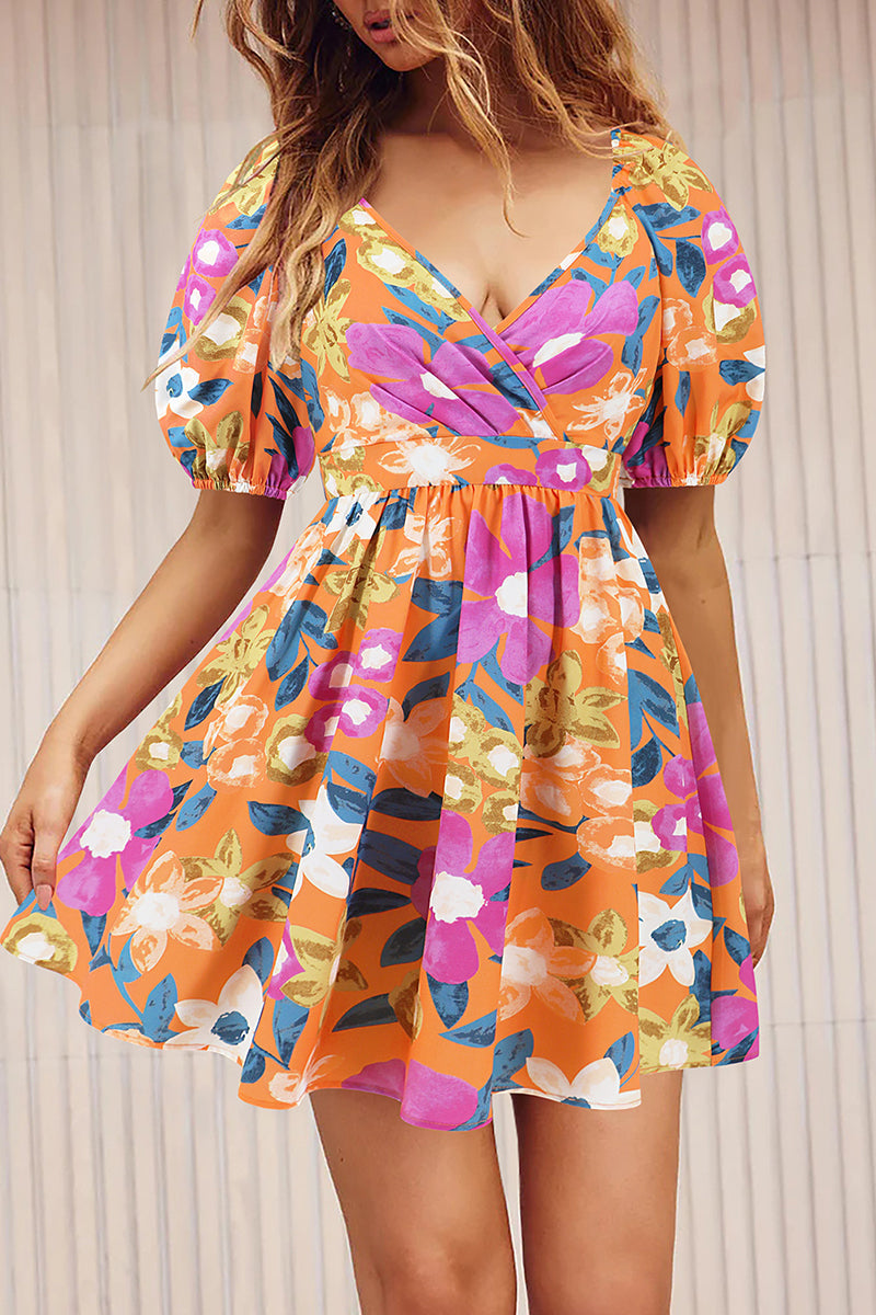 Sexy Vacation Floral Frenulum Contrast V Neck A Line Dresses