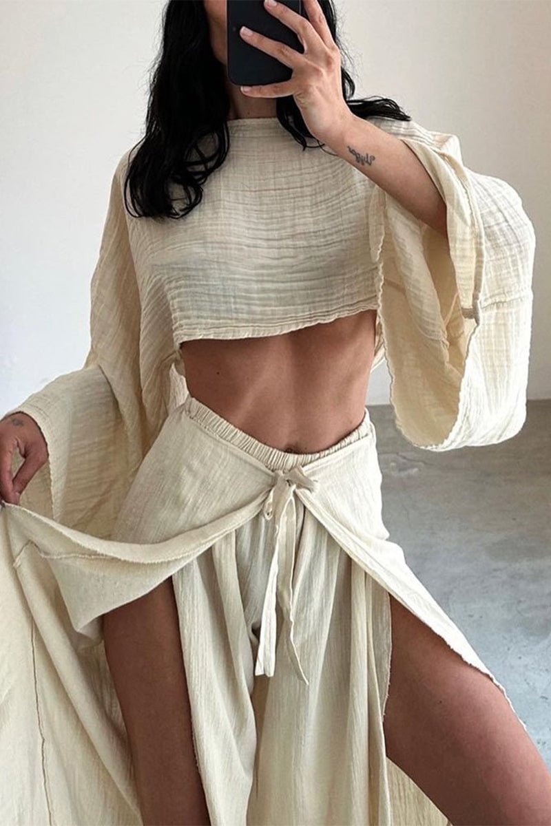 Casual Solid Flounce Slit O Neck Long Sleeve Two Pieces