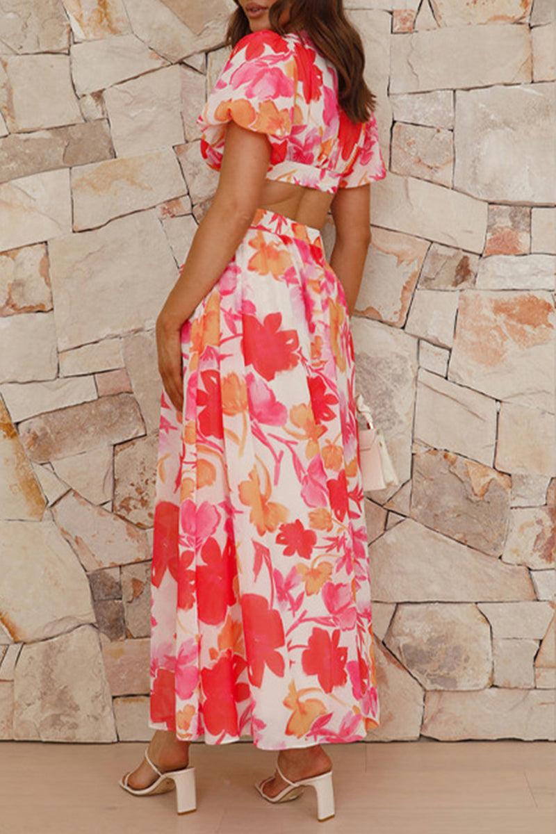 Sweet Elegant Floral Backless V Neck A Line Dresses