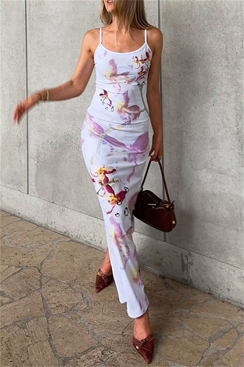 Sexy Casual Print Backless Spaghetti Strap Sleeveless Two Pieces