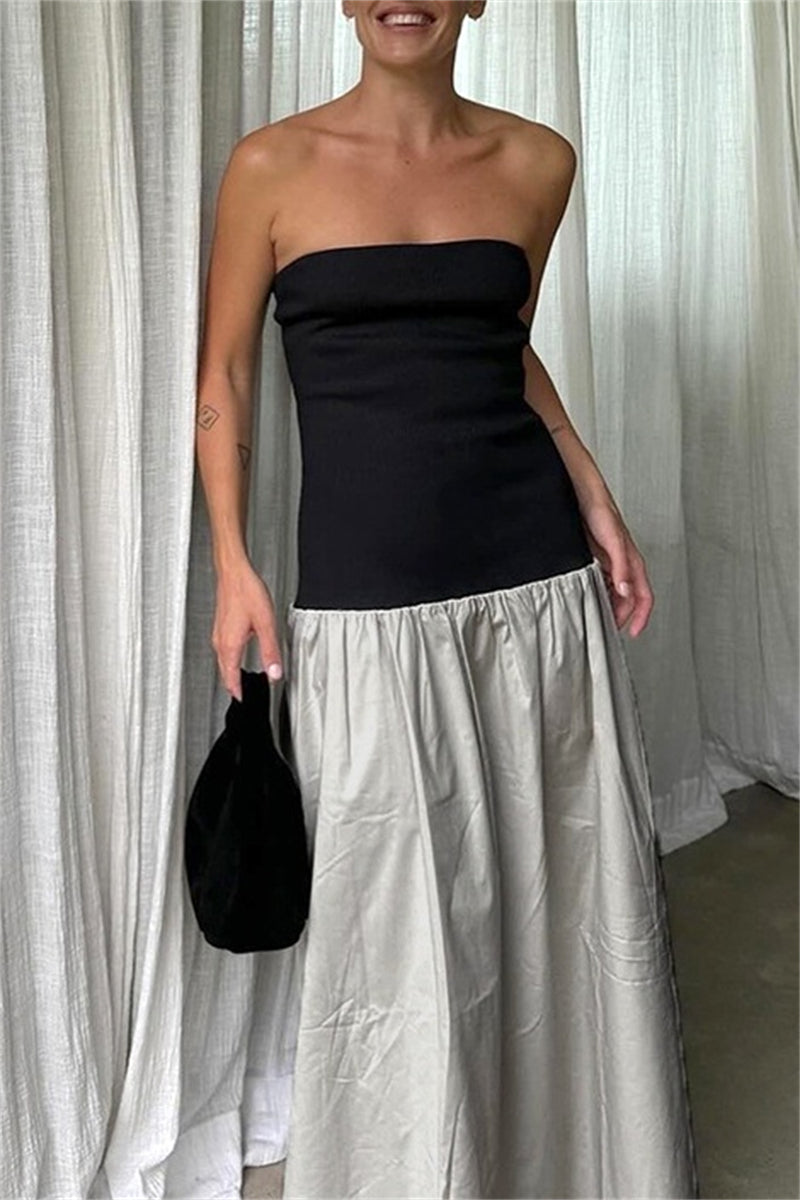 Casual Patchwork Backless Contrast Strapless Long Dresses