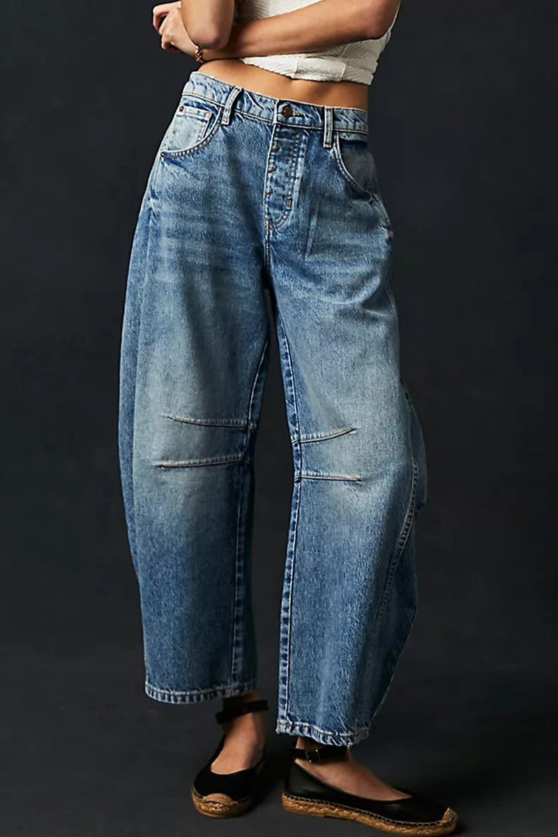 Casual Street Solid Make Old Loose Denim Jeans(No Belt)