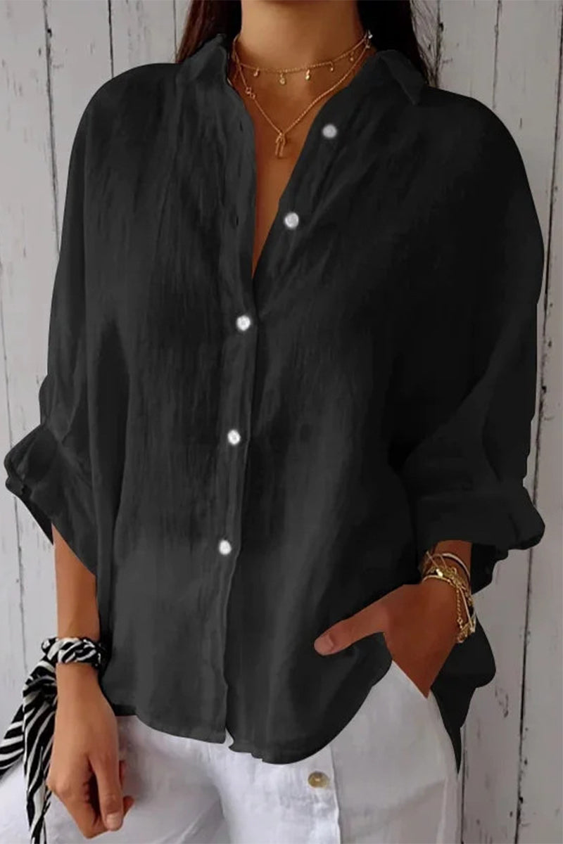 Elegant Solid Frenulum Buttons Slit Turndown Collar Tops