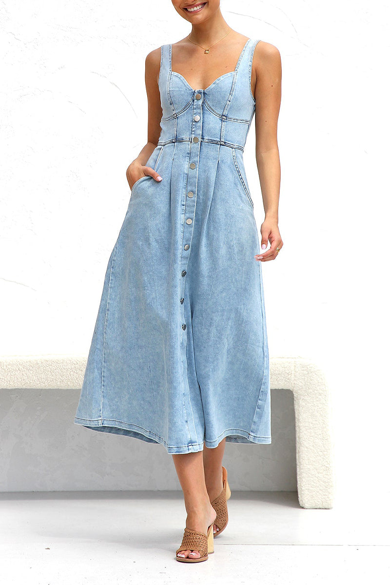 Elegant Solid Make Old Pocket Buckle V Neck Sleeveless Loose Denim Dresses