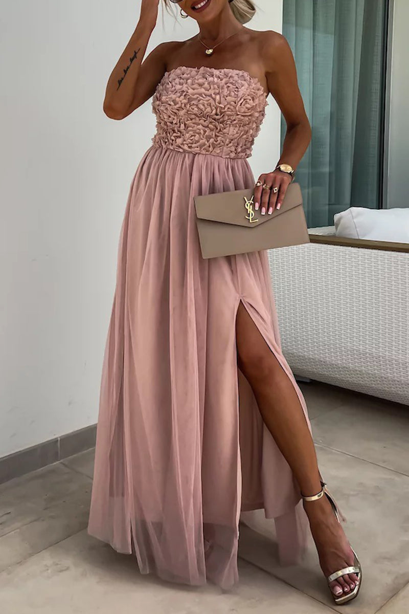 Elegant Solid Flowers Slit Mesh Strapless Sleeveless Dresses