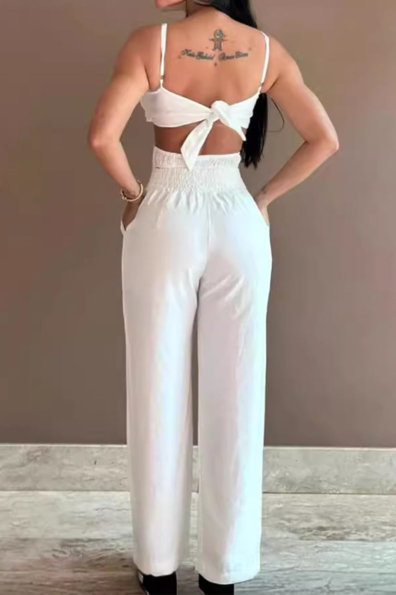 Sexy Solid Hollowed Out Pocket Flowers Regular Jumpsuits