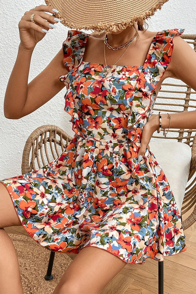 Elegant Floral Frenulum Backless Flounce Square Collar Loose Rompers