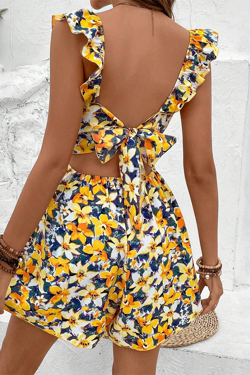 Elegant Floral Frenulum Backless Flounce Square Collar Loose Rompers