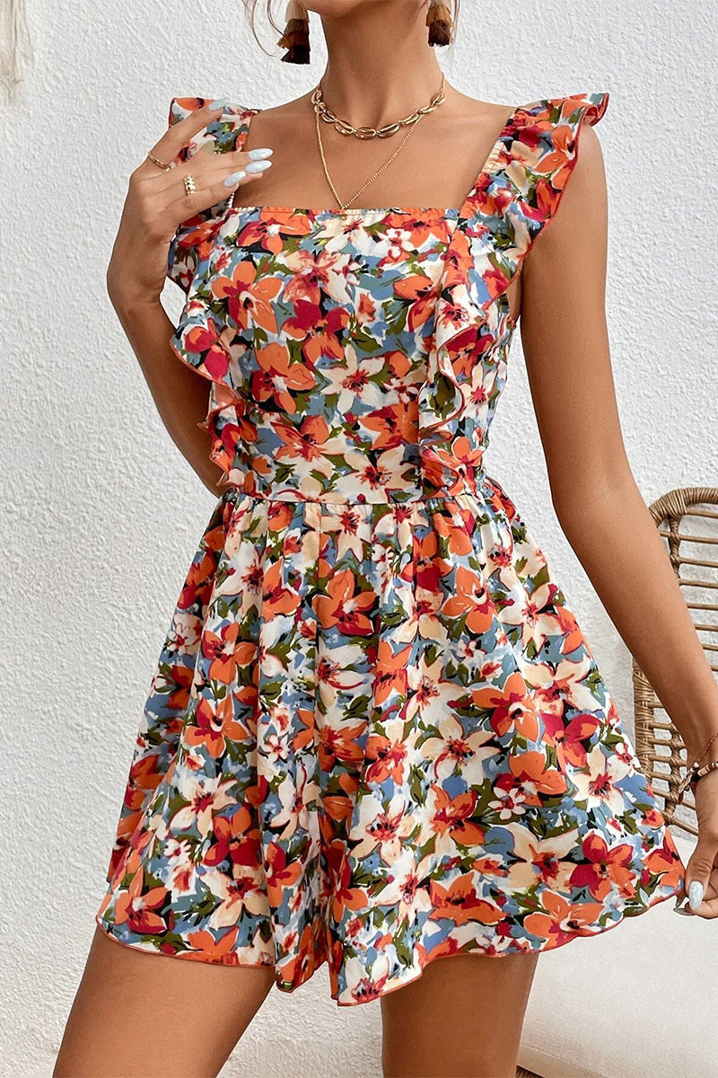 Elegant Floral Frenulum Backless Flounce Square Collar Loose Rompers