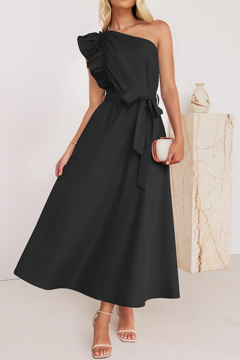 Sweet Elegant Solid Bandage Stringy Selvedge Oblique Collar A Line Dresses