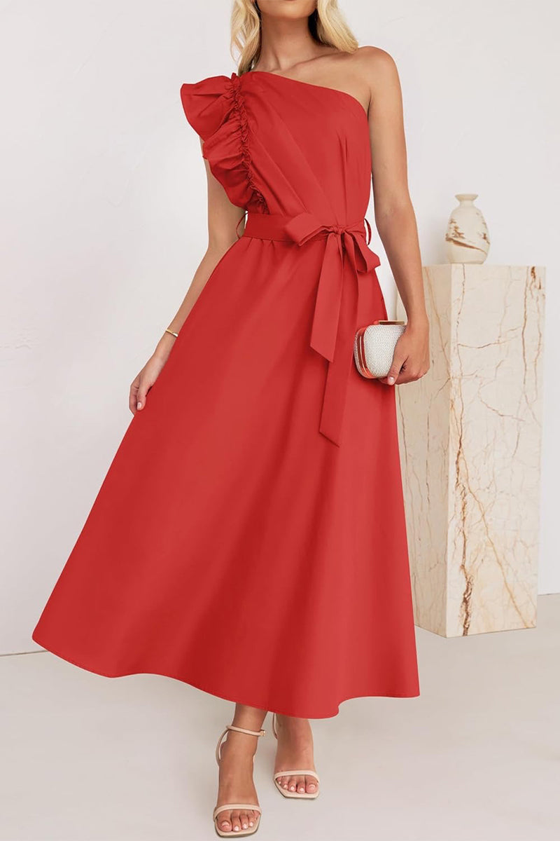 Sweet Elegant Solid Bandage Stringy Selvedge Oblique Collar A Line Dresses