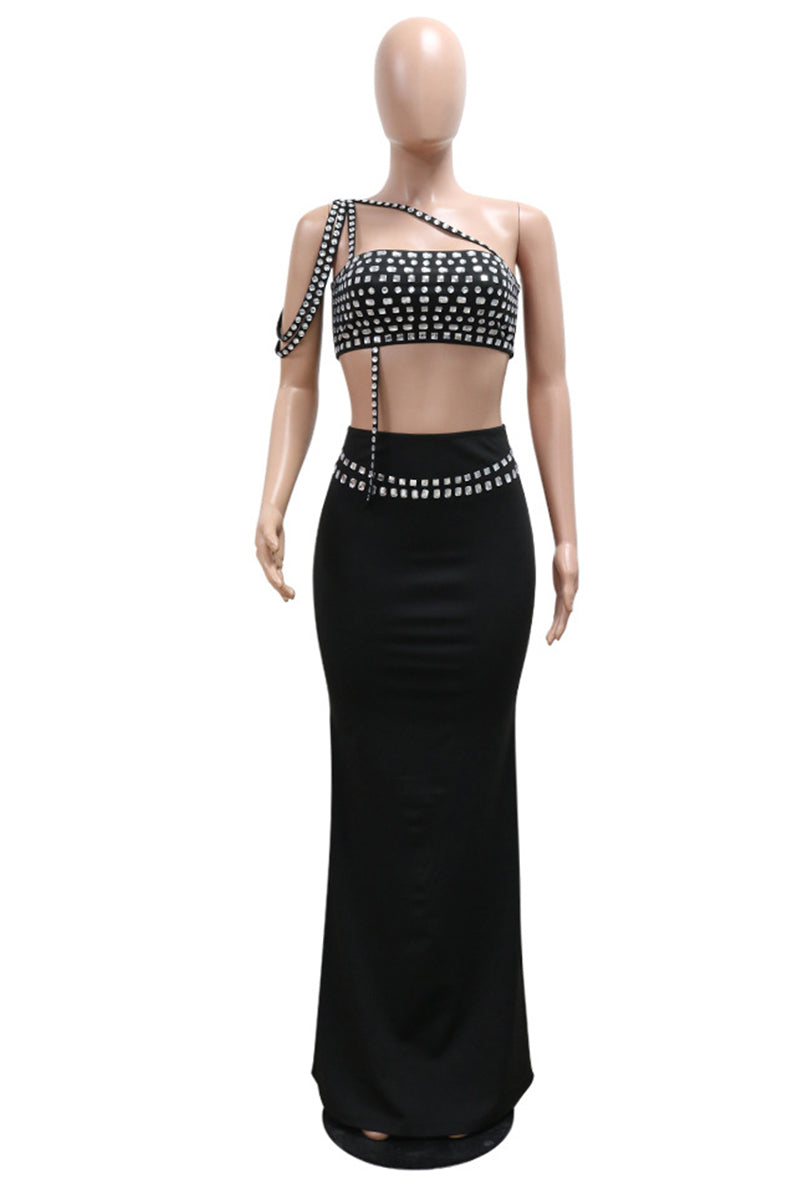 Sexy Patchwork Backless Rhinestone Decor Oblique Collar Sleeveless Two Pieces