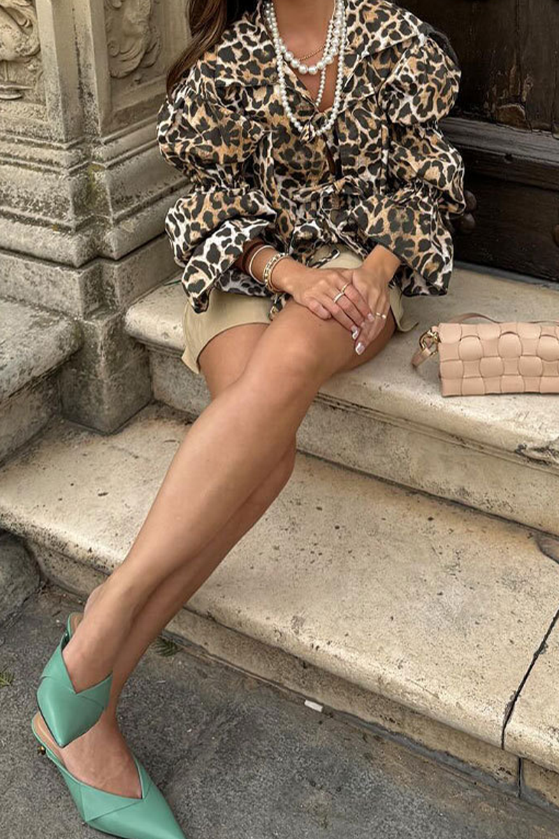 Casual Leopard Print Lace Up V Neck Blouses