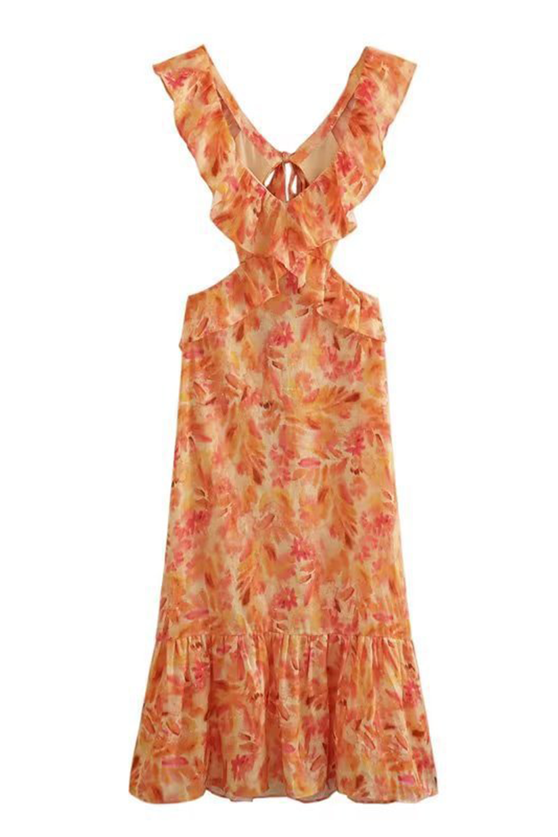 Sexy Floral Print Lace Up Backless Contrast V Neck Sleeveless Dresses