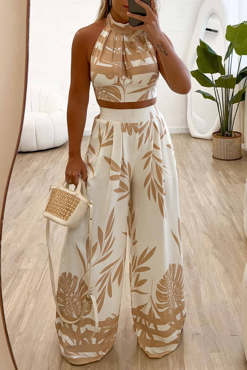 Casual Street Floral Print Lace Up Halter Sleeveless Two Pieces