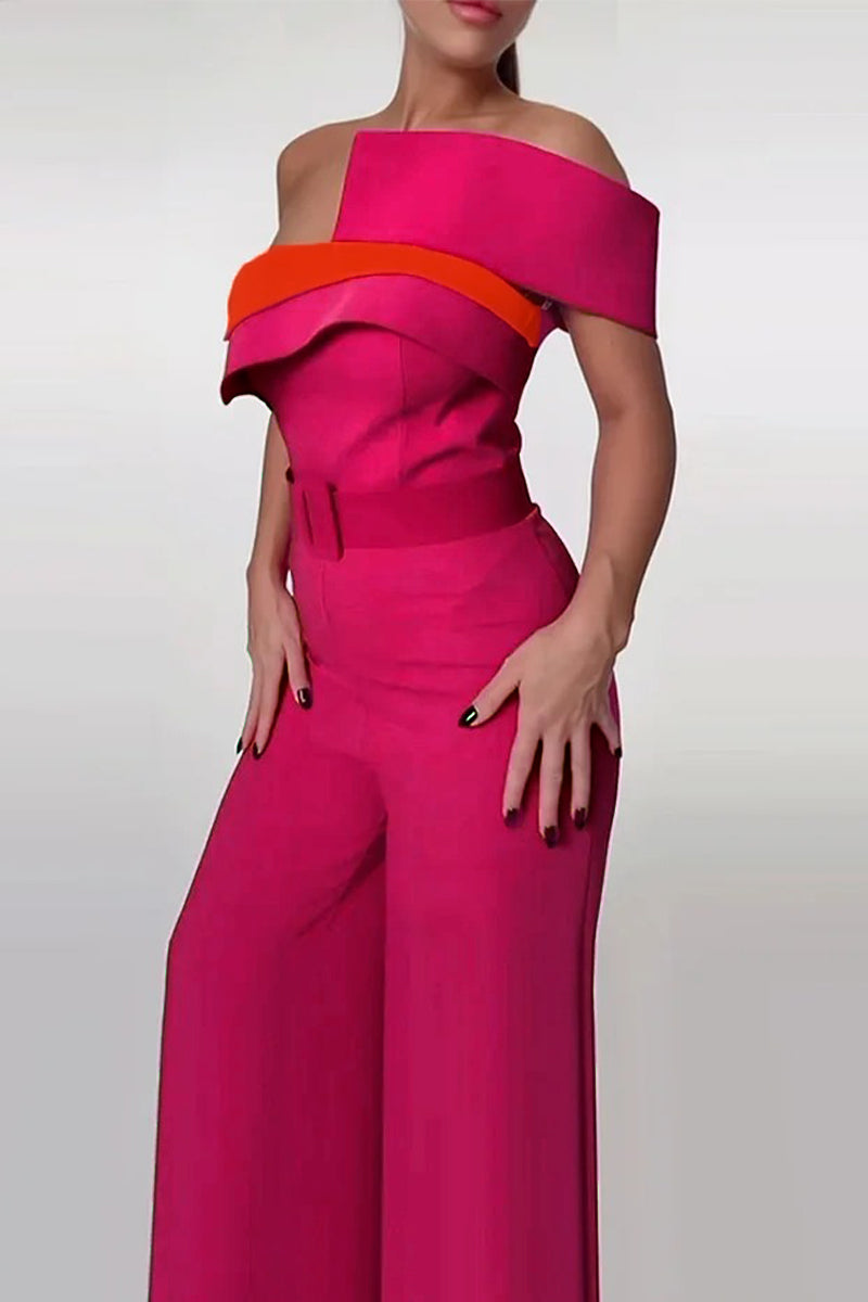 Sexy Colorblock Patchwork With Belt Irregular Contrast Strapless Regular Jumpsuits