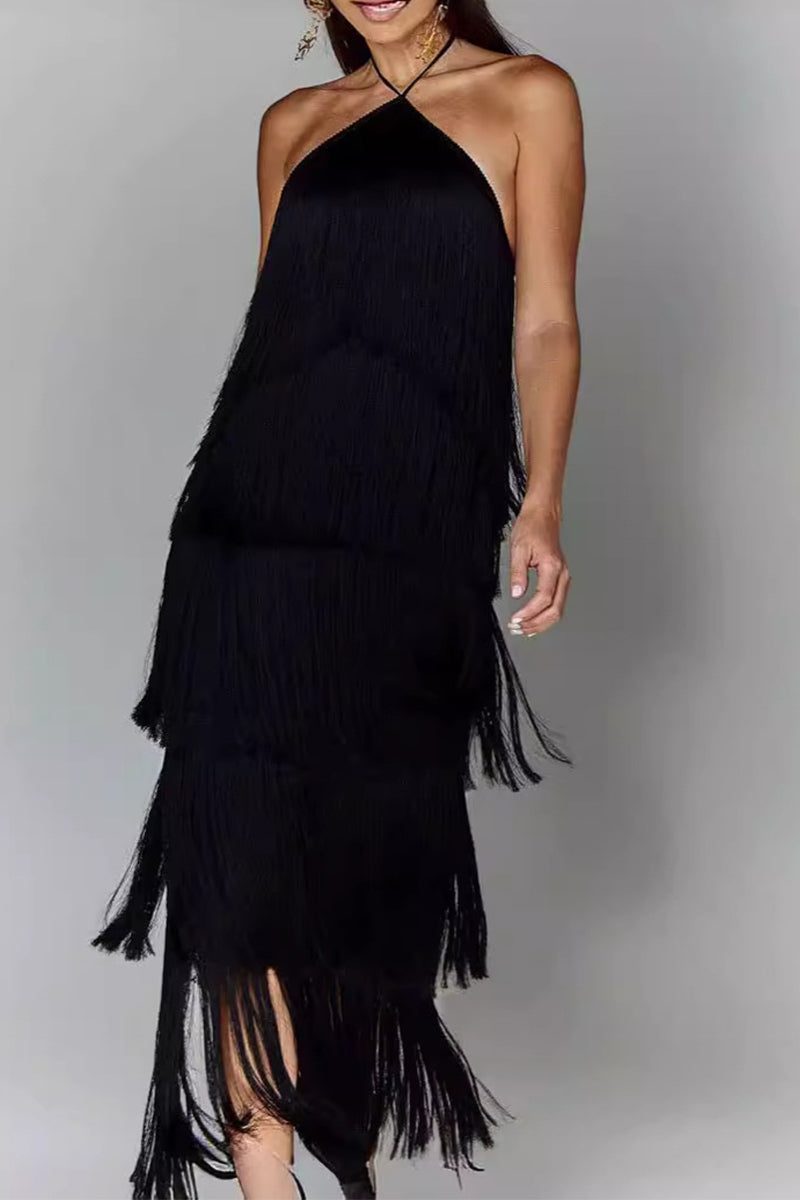 Sexy Fringed Trim Backless Halter Sleeveless Dresses(4 Colors)