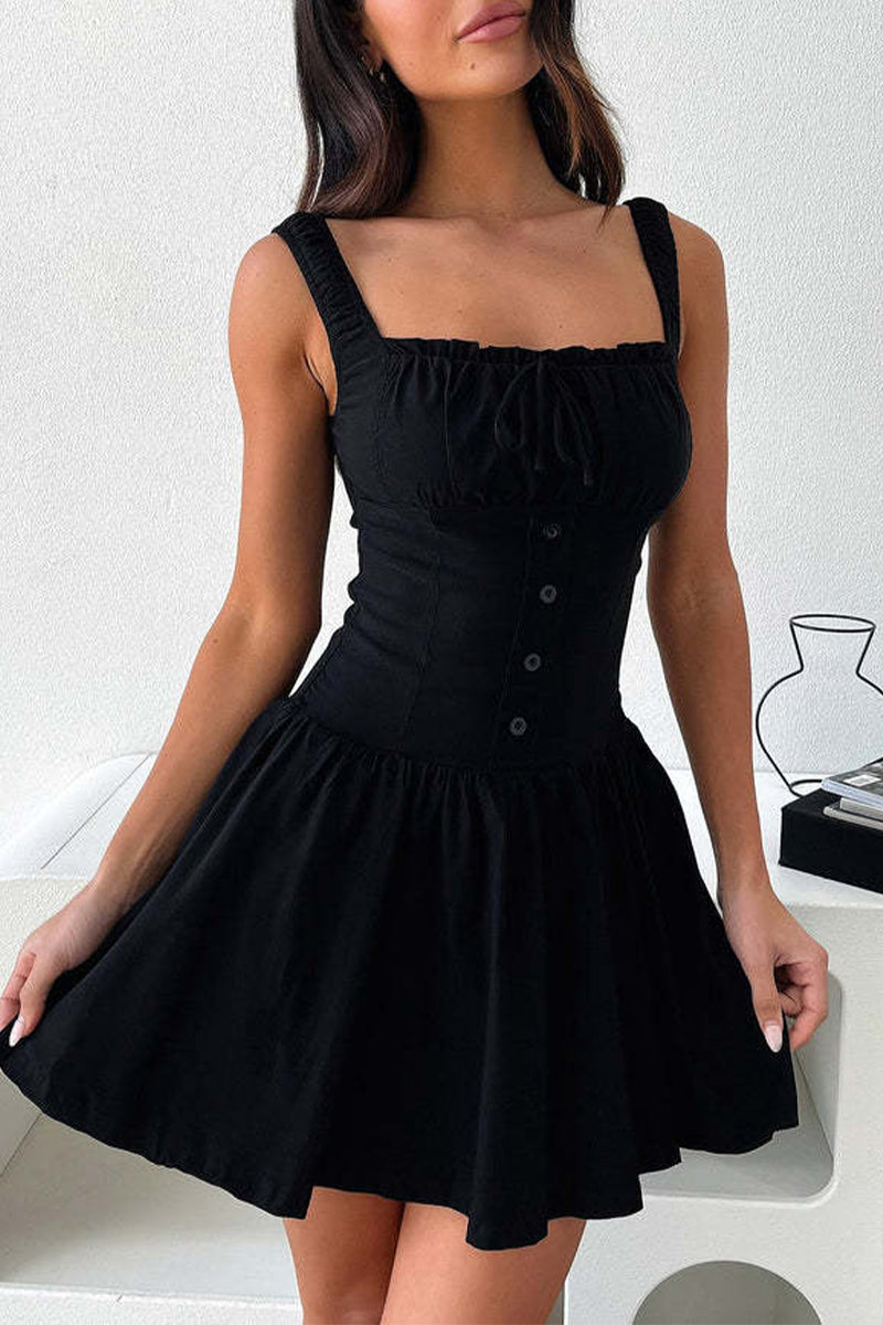 Sexy Solid Color Lace Up Ruched Square Neck Sling Dresses(4 Colors)