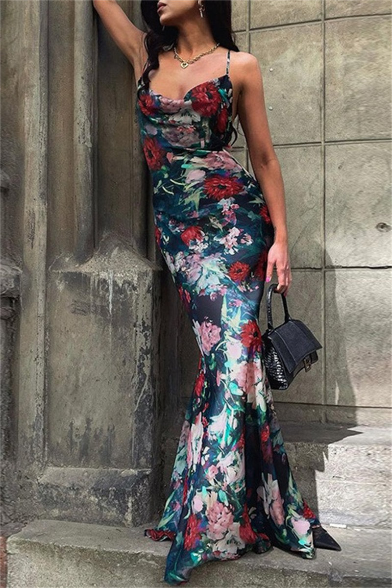 Sexy Casual Floral Print Backless Spaghetti Strap Long Dresses