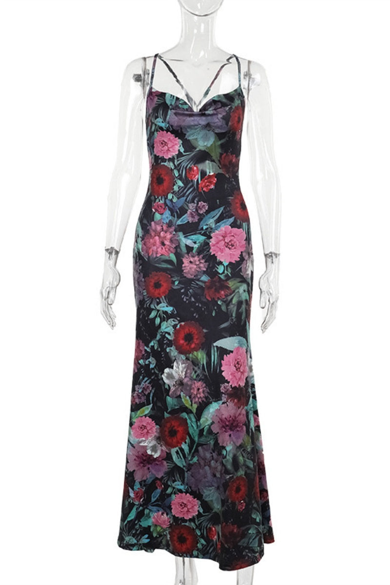 Sexy Casual Floral Print Backless Spaghetti Strap Long Dresses