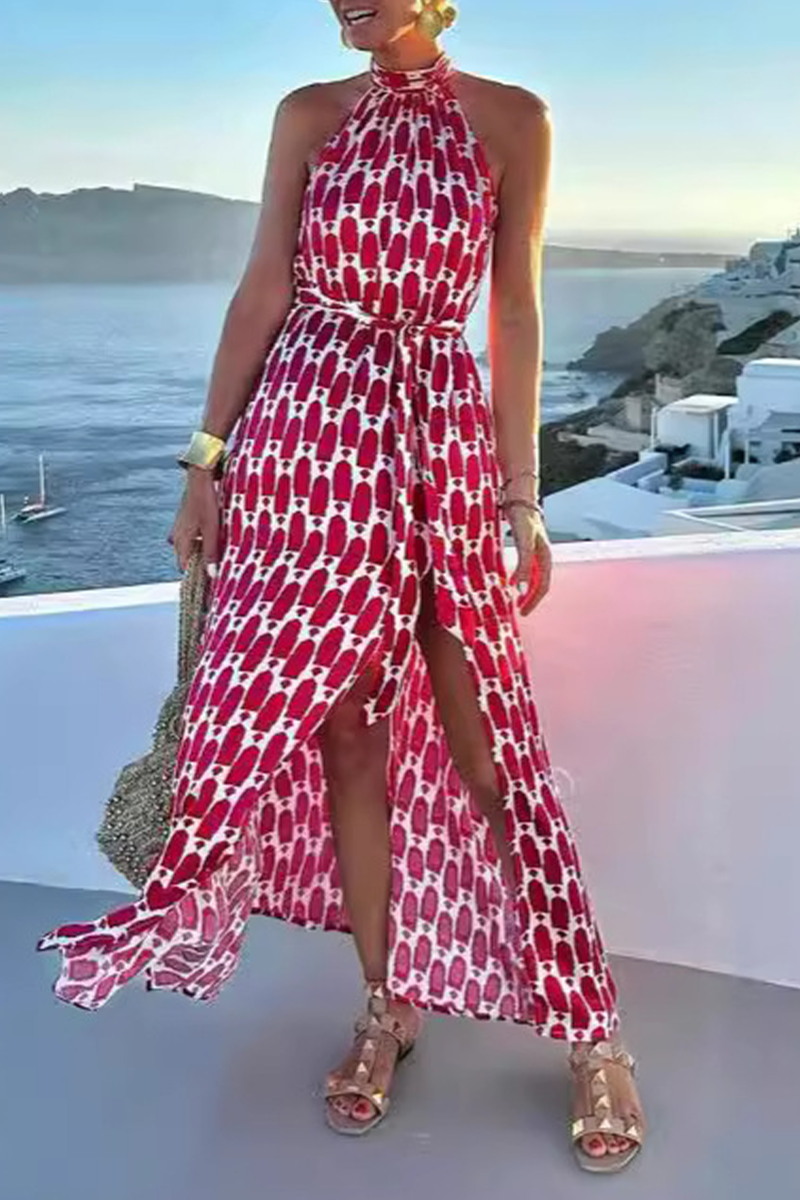 Elegant Geometric Print Lace Up Slit Halter Sleeveless Dresses