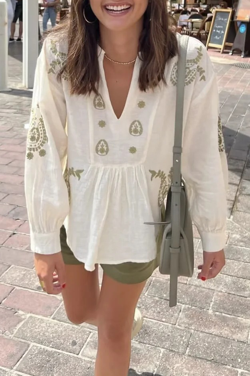 Flowers Embroidered Contrast V Neck Blouses