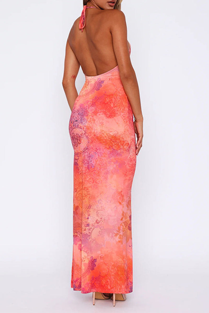 Sexy Floral Print Slit Halter Printed Dresses