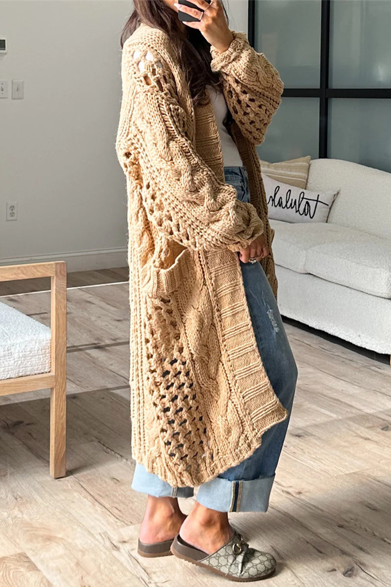 Casual Daily Solid Color Hollow Out Pocket Cardigan CollarCardigans