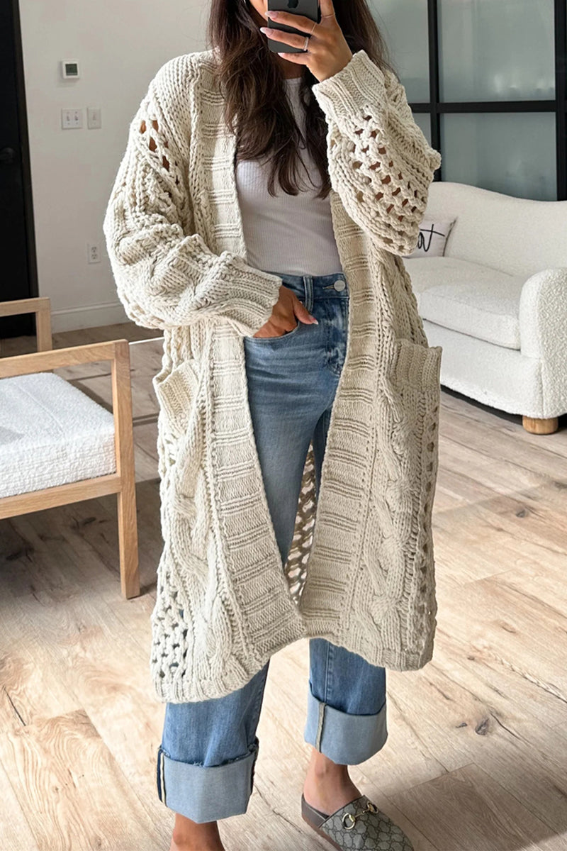 Casual Daily Solid Color Hollow Out Pocket Cardigan CollarCardigans