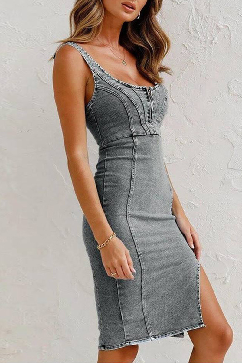 Sexy Solid Color Distressed Slit Zipper U Neck Sleeveless Skinny Denim Dresses