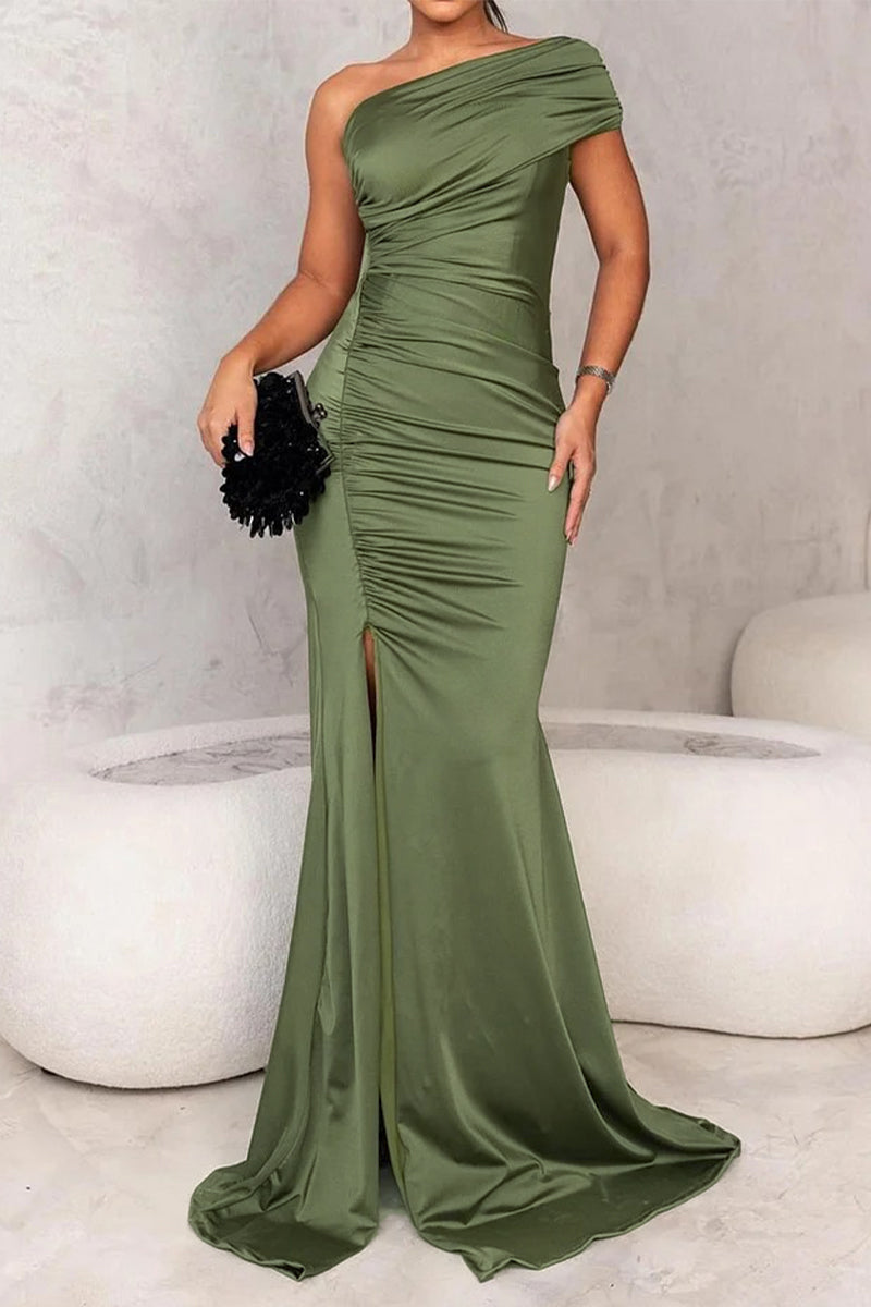 Sexy Prom Solid Color Slit Ruched Sloping Shoulder Evening Dresses